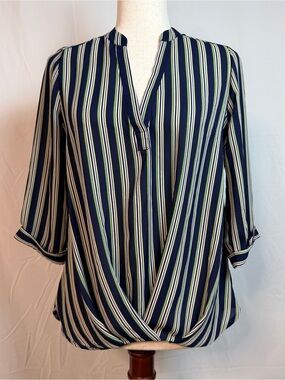 Timing Striped Navy Wrap-Front Women’s Blouse
